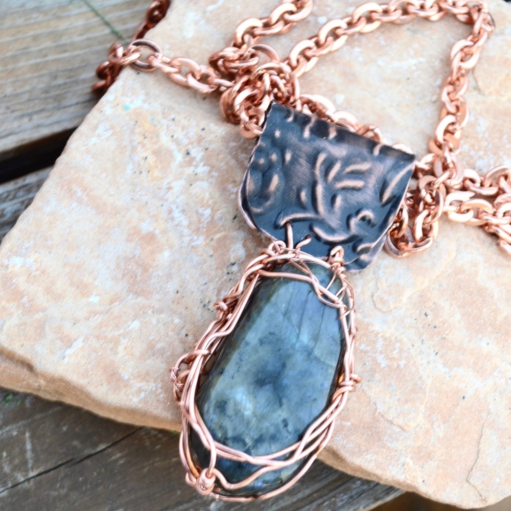 Huge Labradorite Solid Heavy Copper Chain Pendant - Picture 2 of 6